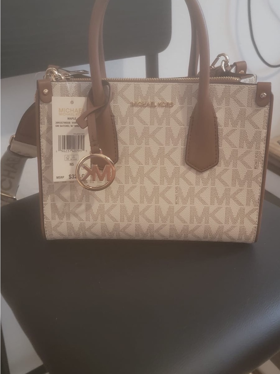 Michael Kors Beige Mk Logo Satchel With Brown Trim And Gold Hardware